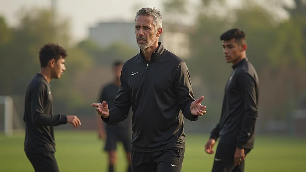 مدرب كرة قدم محترف يوجه لاعبين خلال جلسة تدريب على ملعب أخضر