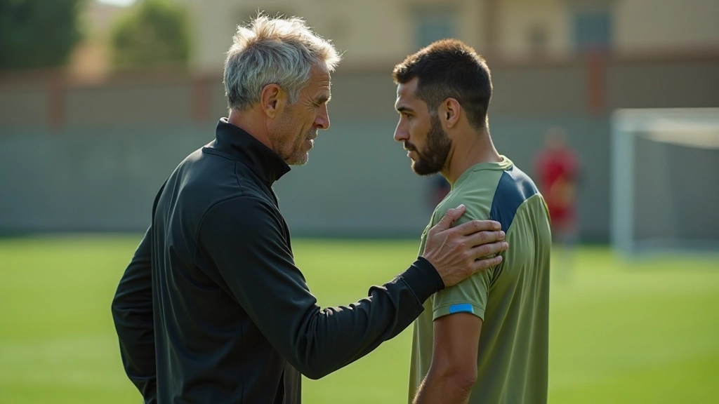 مدرب كرة قدم يقوم بتصحيح تقنية لاعب أثناء التمرين على الملعب