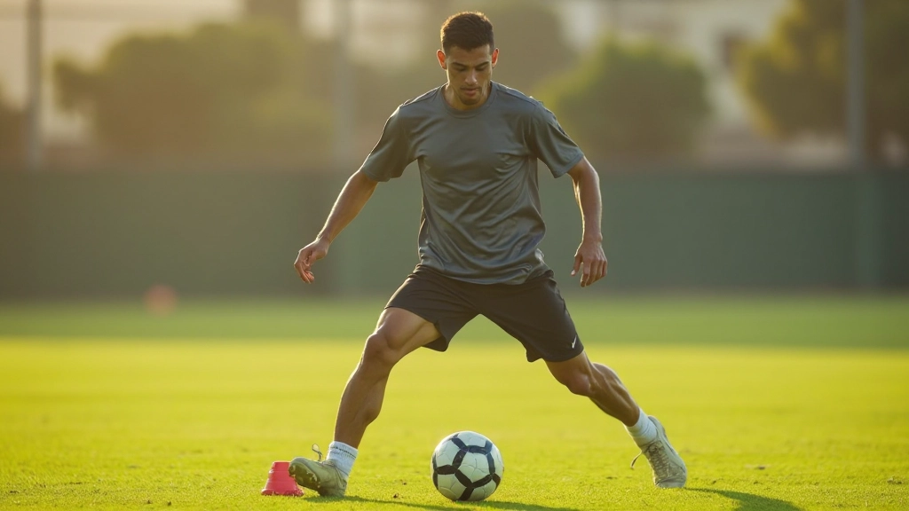 لاعب كرة قدم يمارس تمارين السرعة والرشاقة على ملعب التدريب